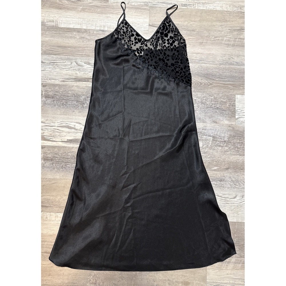 Vintage 90s LA Intimates Maxi Nightgown Lace Satin Black‎ Long Size Large
